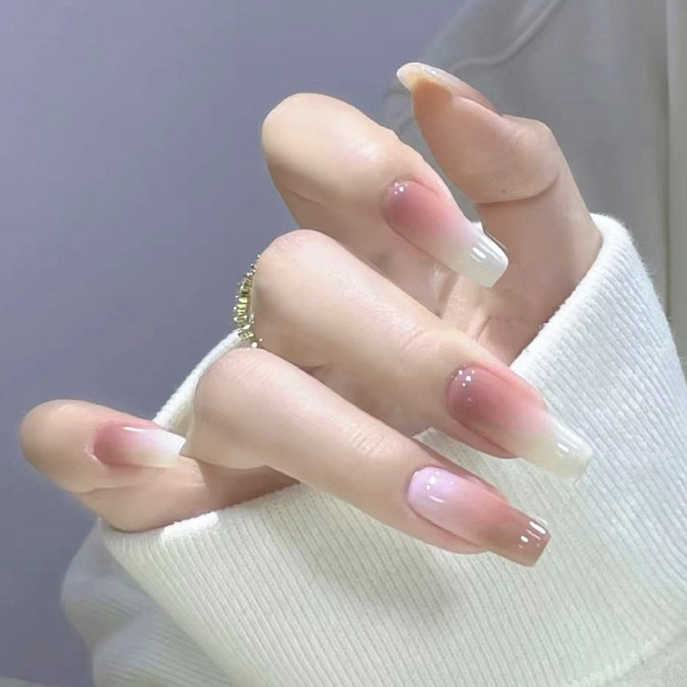 24Pcs Glitter Pink Fake Nails Press on French Set almond Cute Nail Art korean Fake Nails Acrylic Full Cover Tips with Glue