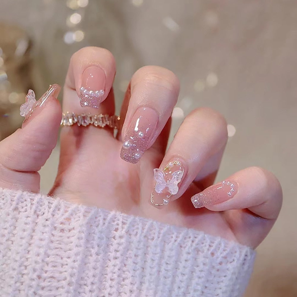 24Pcs Glitter Pink Fake Nails Press on French Set almond Cute Nail Art korean Fake Nails Acrylic Full Cover Tips with Glue