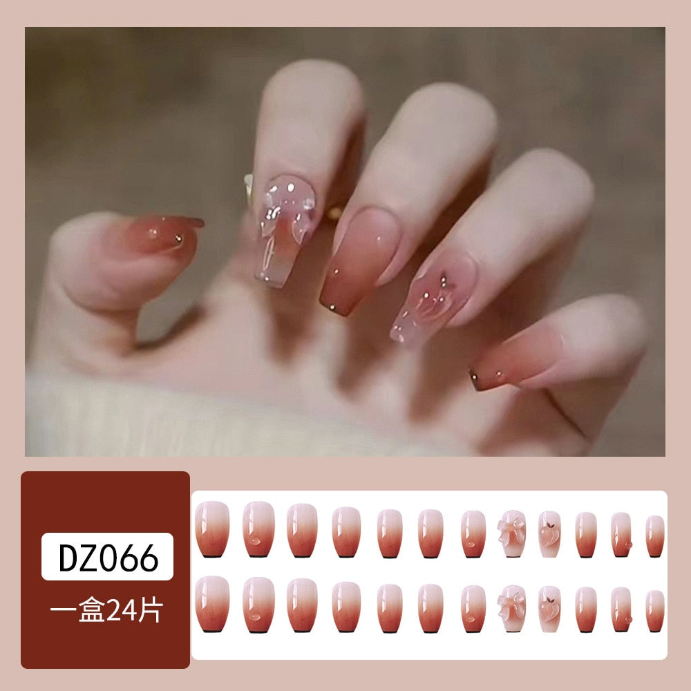 24Pcs Glitter Pink Fake Nails Press on French Set almond Cute Nail Art korean Fake Nails Acrylic Full Cover Tips with Glue