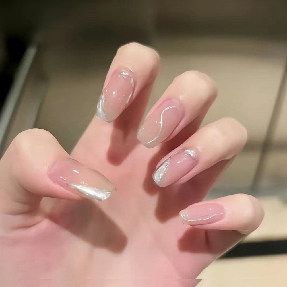 24Pcs Glitter Pink Fake Nails Press on French Set almond Cute Nail Art korean Fake Nails Acrylic Full Cover Tips with Glue