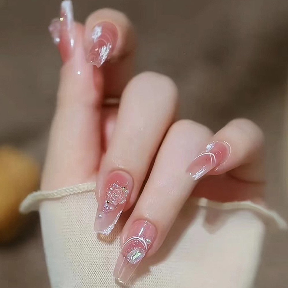 24Pcs Glitter Pink Fake Nails Press on French Set almond Cute Nail Art korean Fake Nails Acrylic Full Cover Tips with Glue