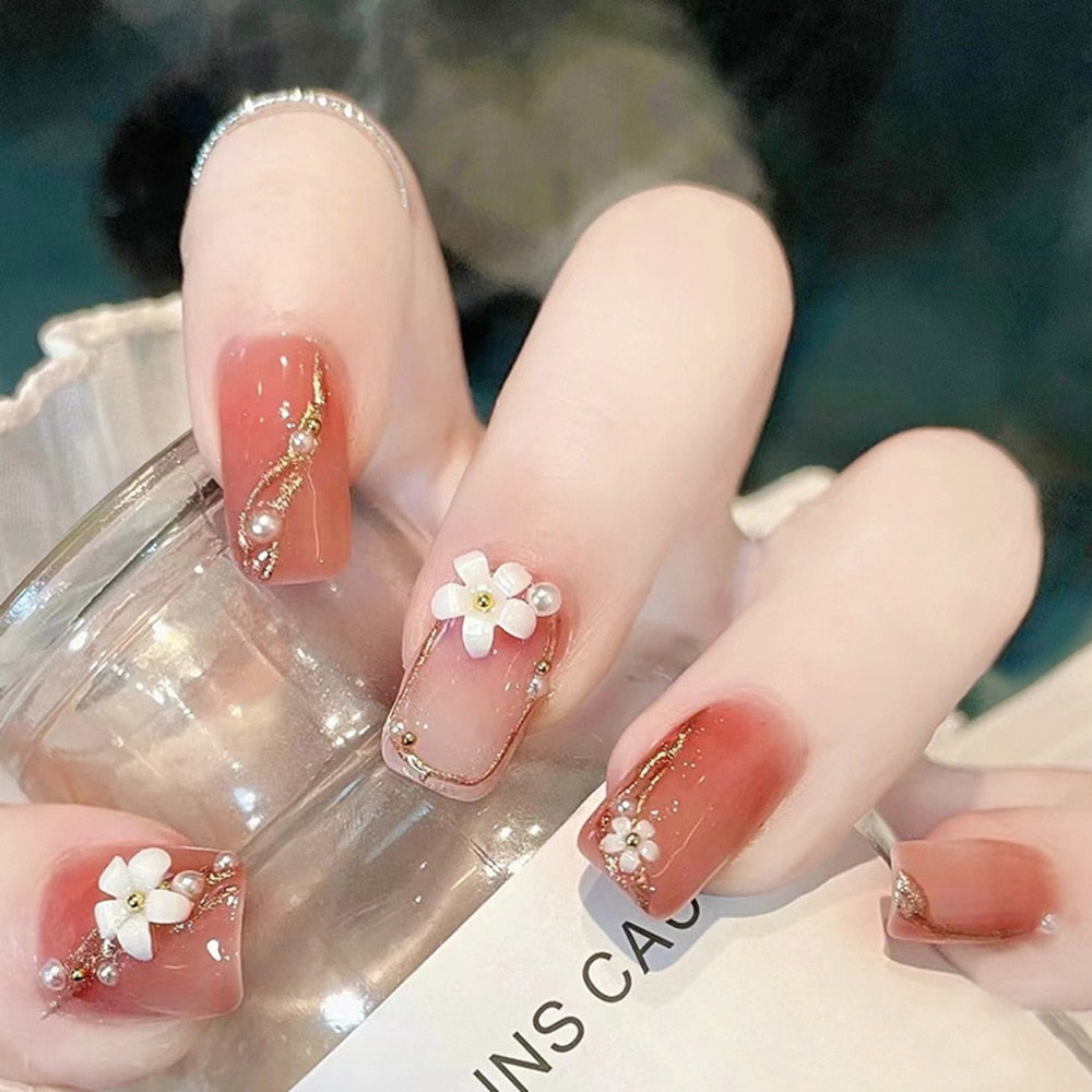 24Pcs Glitter Pink Fake Nails Press on French Set almond Cute Nail Art korean Fake Nails Acrylic Full Cover Tips with Glue