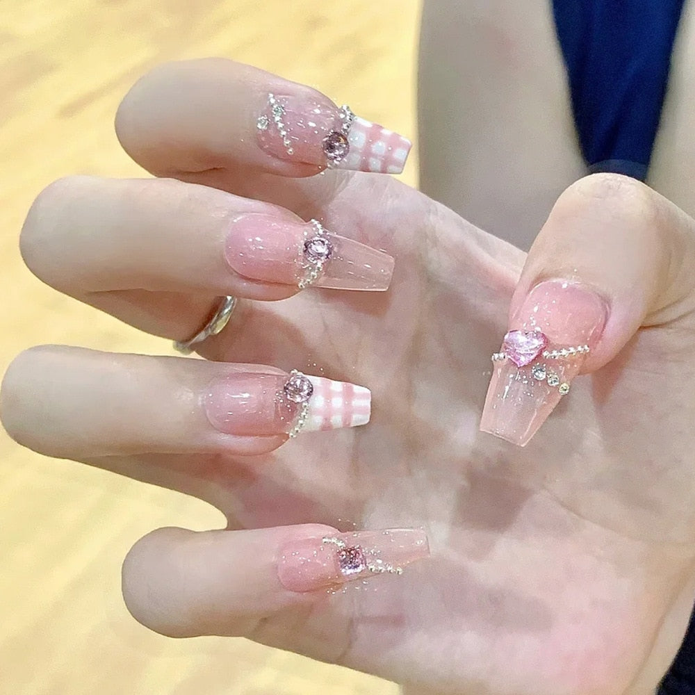 24Pcs Glitter Pink Fake Nails Press on French Set almond Cute Nail Art korean Fake Nails Acrylic Full Cover Tips with Glue