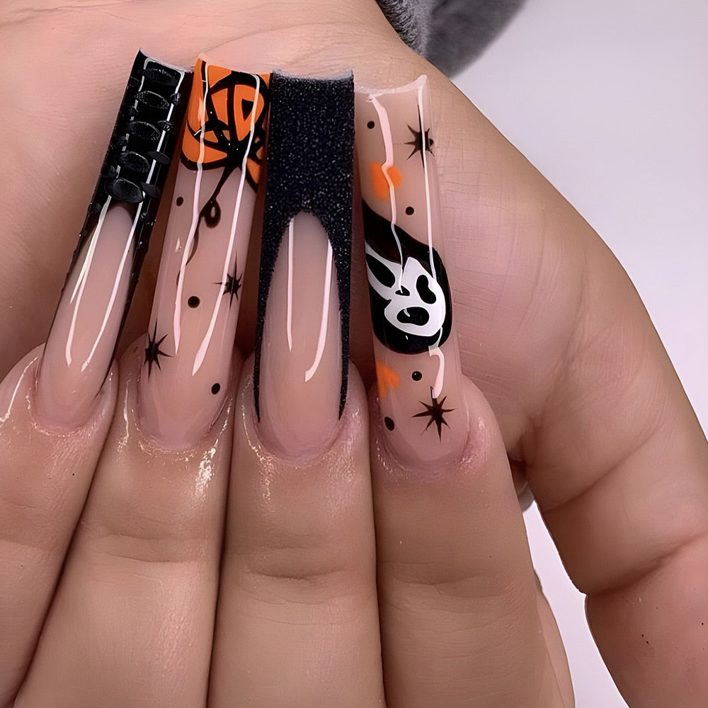 24Pcs Halloween Black Ghost Long Ballet False Nails With Heart Blood Design Halloween Press On Nails Detachable Full Cover Nails