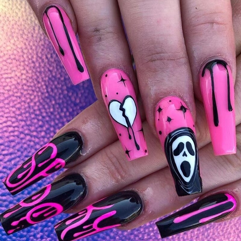 24Pcs Halloween Black Ghost Long Ballet False Nails With Heart Blood Design Halloween Press On Nails Detachable Full Cover Nails