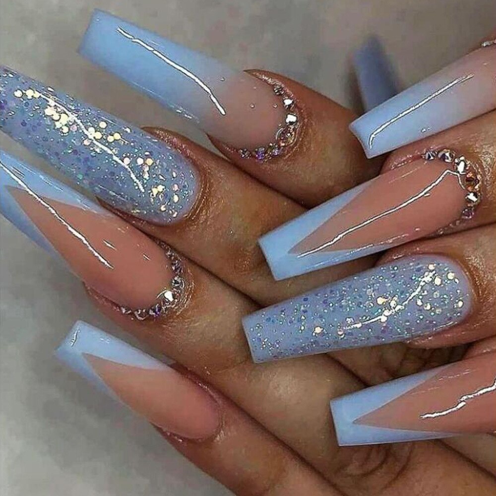 24Pcs Long Ballerina False Nails Press on Nails Serpentine Flower with Rhinestones French Fake Nails Wearable White Nails Tips