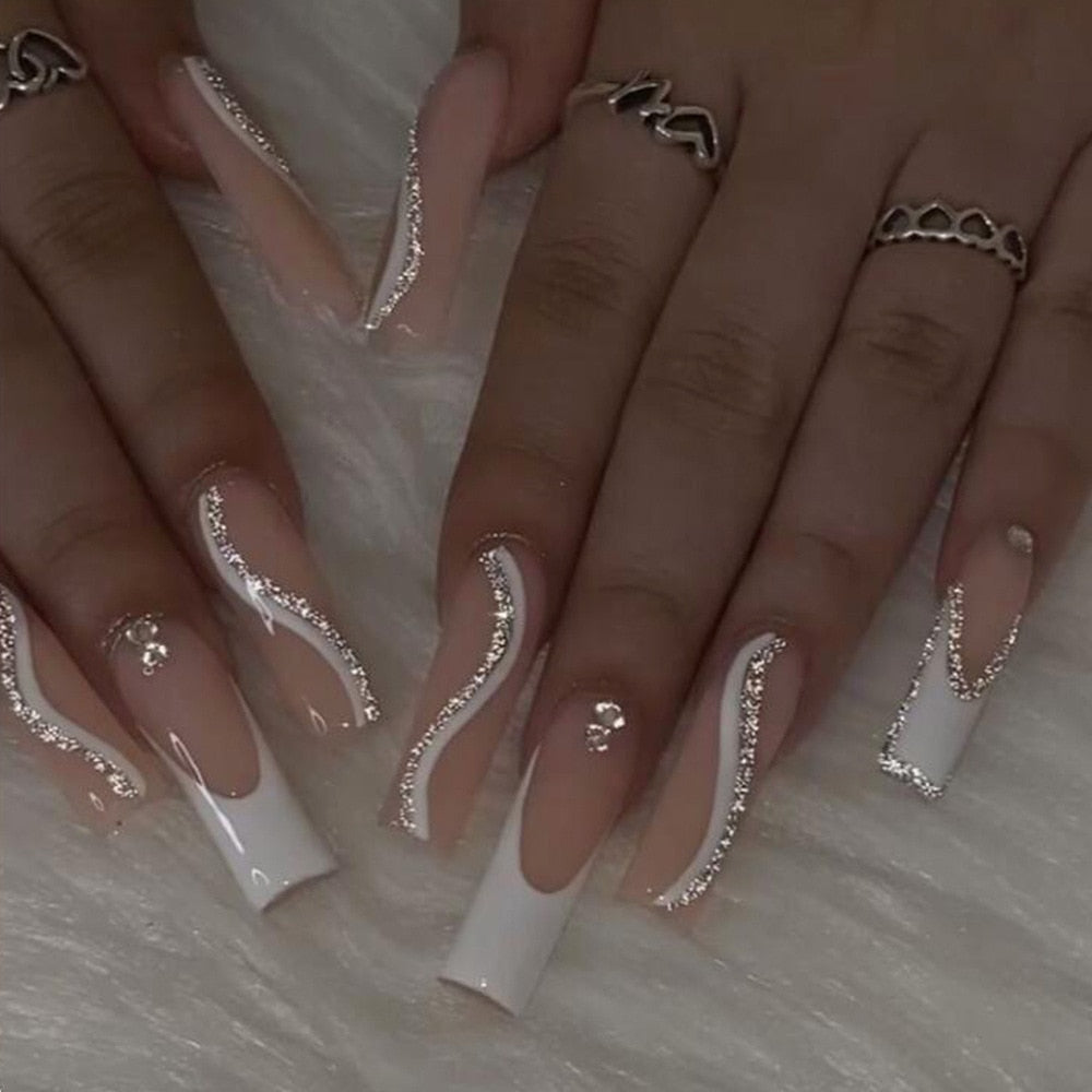 24Pcs Long Ballerina False Nails Press on Nails Serpentine Flower with Rhinestones French Fake Nails Wearable White Nails Tips