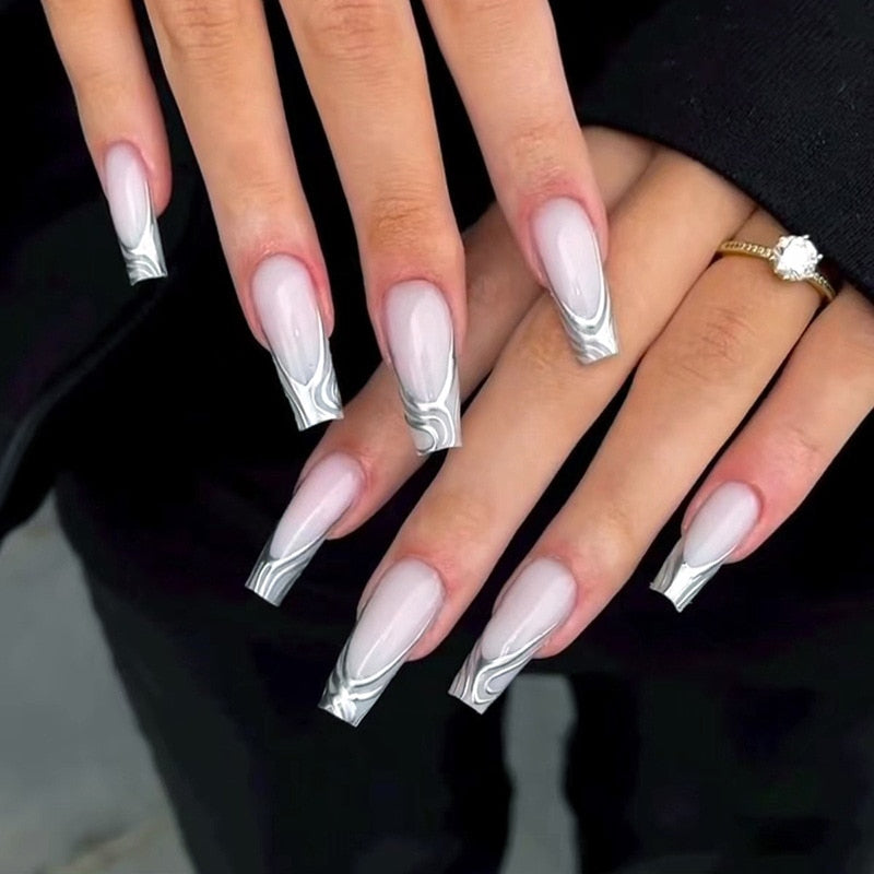 24Pcs Long Ballerina False Nails Press on Nails Serpentine Flower with Rhinestones French Fake Nails Wearable White Nails Tips