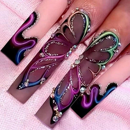 24Pcs Long Ballerina False Nails Press on Nails Serpentine Flower with Rhinestones French Fake Nails Wearable White Nails Tips