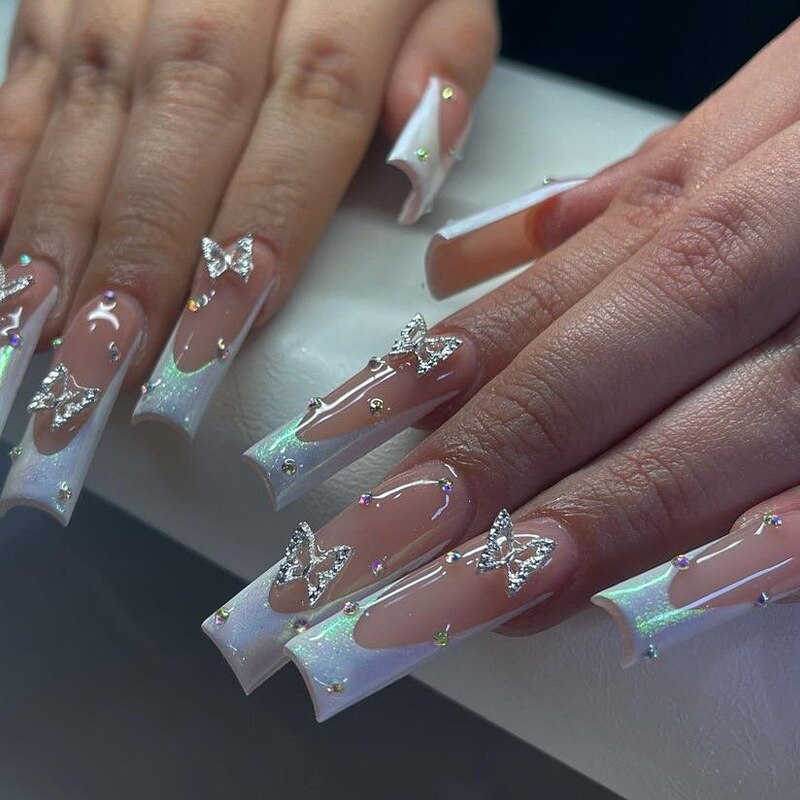 24Pcs Long Ballerina False Nails Press on Nails Serpentine Flower with Rhinestones French Fake Nails Wearable White Nails Tips