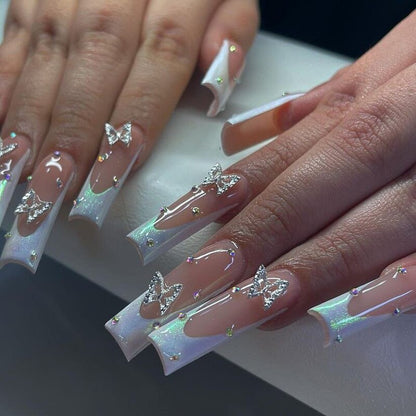 24Pcs Long Ballerina False Nails Press on Nails Serpentine Flower with Rhinestones French Fake Nails Wearable White Nails Tips
