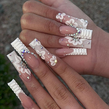 24Pcs Long Ballerina False Nails Press on Nails Serpentine Flower with Rhinestones French Fake Nails Wearable White Nails Tips