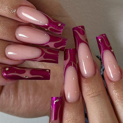 24Pcs Long Ballerina False Nails Press on Nails Serpentine Flower with Rhinestones French Fake Nails Wearable White Nails Tips