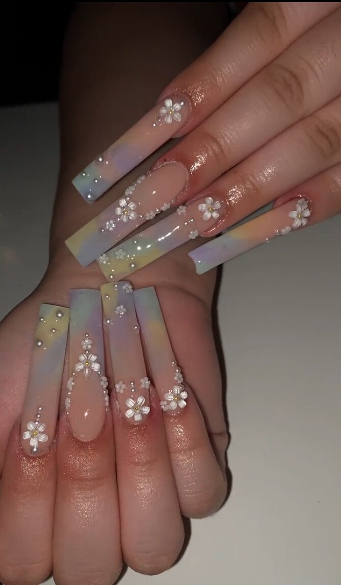 24Pcs Long Ballerina False Nails Press on Nails Serpentine Flower with Rhinestones French Fake Nails Wearable White Nails Tips