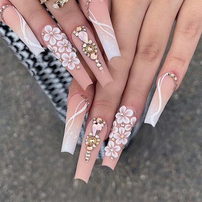 24Pcs Long Ballerina False Nails Press on Nails Serpentine Flower with Rhinestones French Fake Nails Wearable White Nails Tips