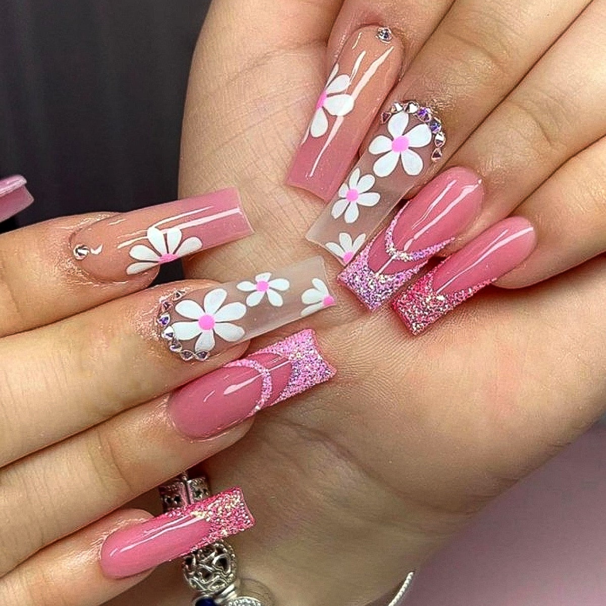 24Pcs Long Ballerina False Nails Press on Nails Serpentine Flower with Rhinestones French Fake Nails Wearable White Nails Tips