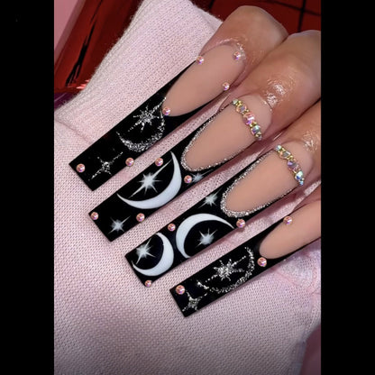 24Pcs Long Ballerina False Nails Press on Nails Serpentine Flower with Rhinestones French Fake Nails Wearable White Nails Tips