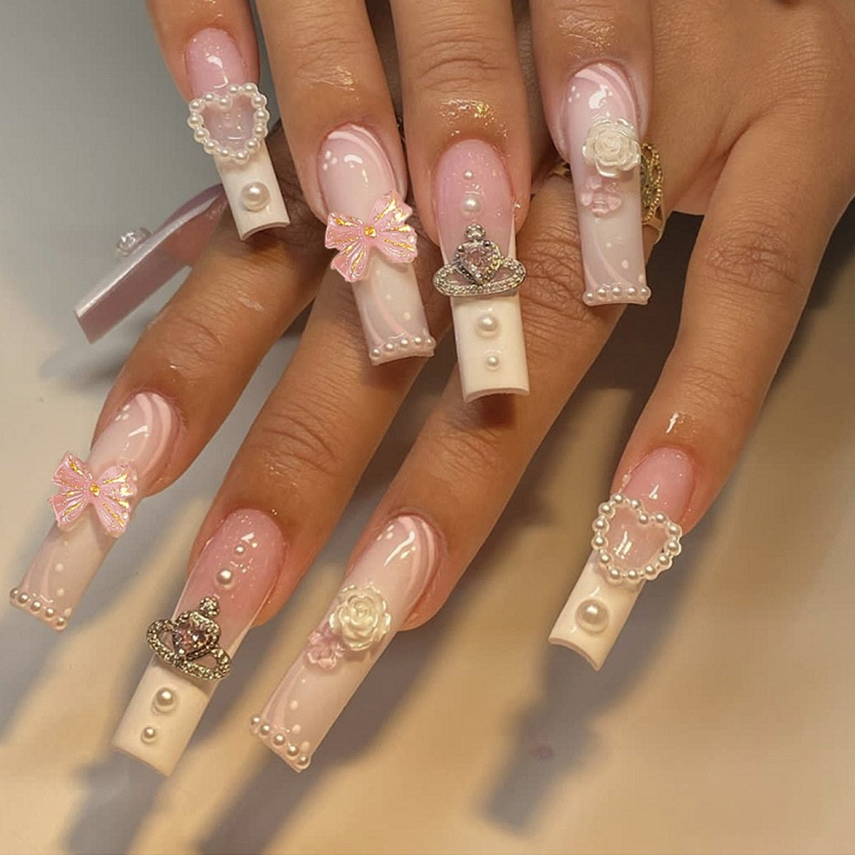 24Pcs Long Ballerina False Nails Press on Nails Serpentine Flower with Rhinestones French Fake Nails Wearable White Nails Tips