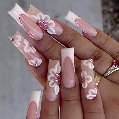 24Pcs Long Ballerina False Nails Press on Nails Serpentine Flower with Rhinestones French Fake Nails Wearable White Nails Tips