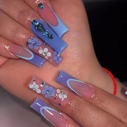 24Pcs Long Ballerina False Nails Press on Nails Serpentine Flower with Rhinestones French Fake Nails Wearable White Nails Tips