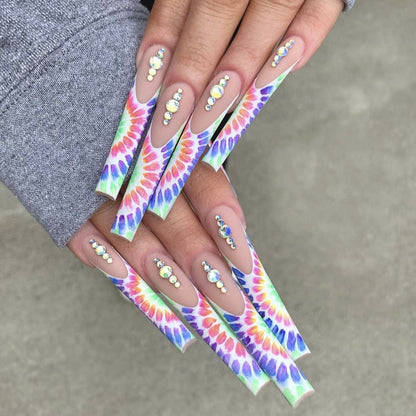 24Pcs Long Ballerina False Nails Press on Nails Serpentine Flower with Rhinestones French Fake Nails Wearable White Nails Tips