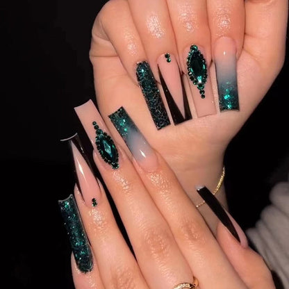 24Pcs Long Ballerina False Nails Press on Nails Serpentine Flower with Rhinestones French Fake Nails Wearable White Nails Tips
