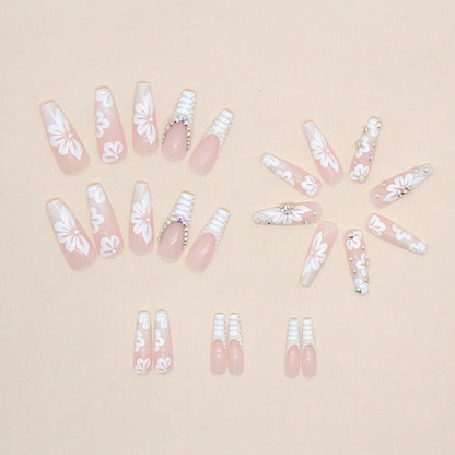 24Pcs Long Ballerina False Nails Press on Nails Serpentine Flower with Rhinestones French Fake Nails Wearable White Nails Tips