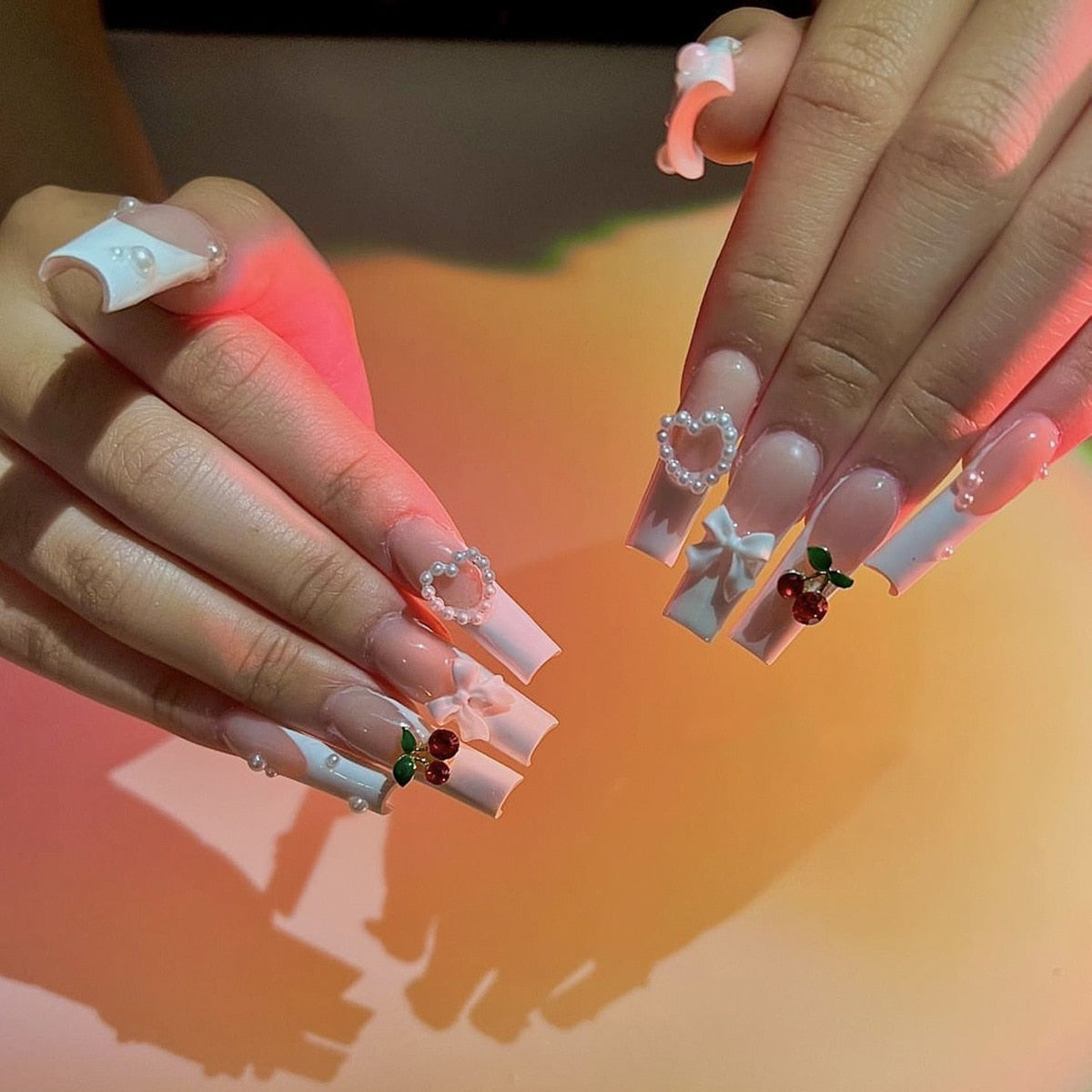 24Pcs Long Ballerina False Nails Press on Nails Serpentine Flower with Rhinestones French Fake Nails Wearable White Nails Tips