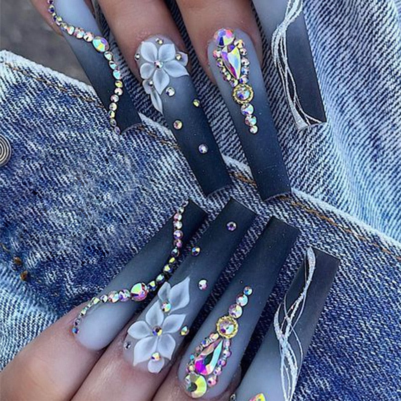 24Pcs Long Ballerina False Nails Press on Nails Serpentine Flower with Rhinestones French Fake Nails Wearable White Nails Tips