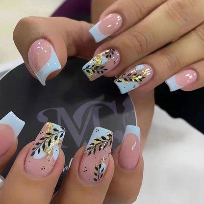 24Pcs Long Ballet False Nails Black Butterfly with French Design Wearable Fake Nails Simple Full Cover Press on Nail Tips Art