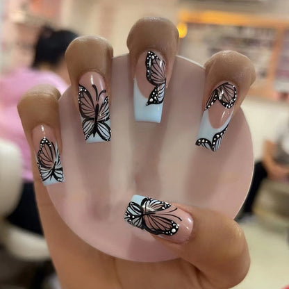 24Pcs Long Ballet False Nails Black Butterfly with French Design Wearable Fake Nails Simple Full Cover Press on Nail Tips Art