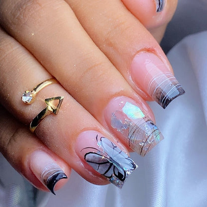 24Pcs Long Ballet False Nails Black Butterfly with French Design Wearable Fake Nails Simple Full Cover Press on Nail Tips Art