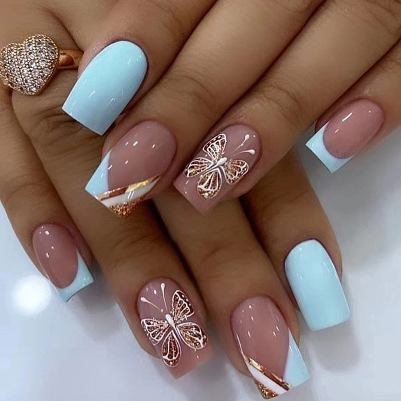 24Pcs Long Ballet False Nails Black Butterfly with French Design Wearable Fake Nails Simple Full Cover Press on Nail Tips Art