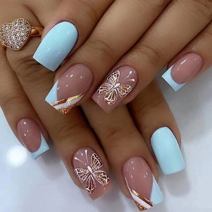 24Pcs Long Ballet False Nails Black Butterfly with French Design Wearable Fake Nails Simple Full Cover Press on Nail Tips Art