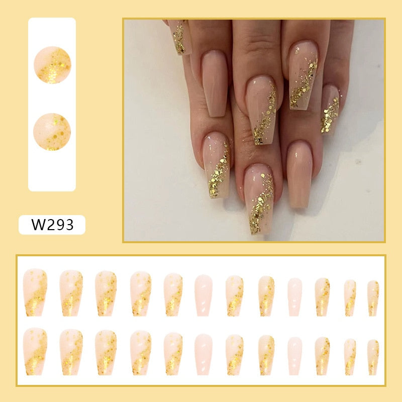 24Pcs Long Coffin False Nails Gold Glitter Sequins Designs Press On Full Cover Fake Nails Tips Wearable Manicure Art Accessories