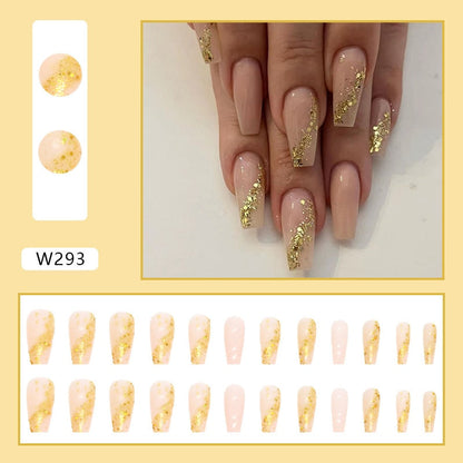 24Pcs Long Coffin False Nails Gold Glitter Sequins Designs Press On Full Cover Fake Nails Tips Wearable Manicure Art Accessories