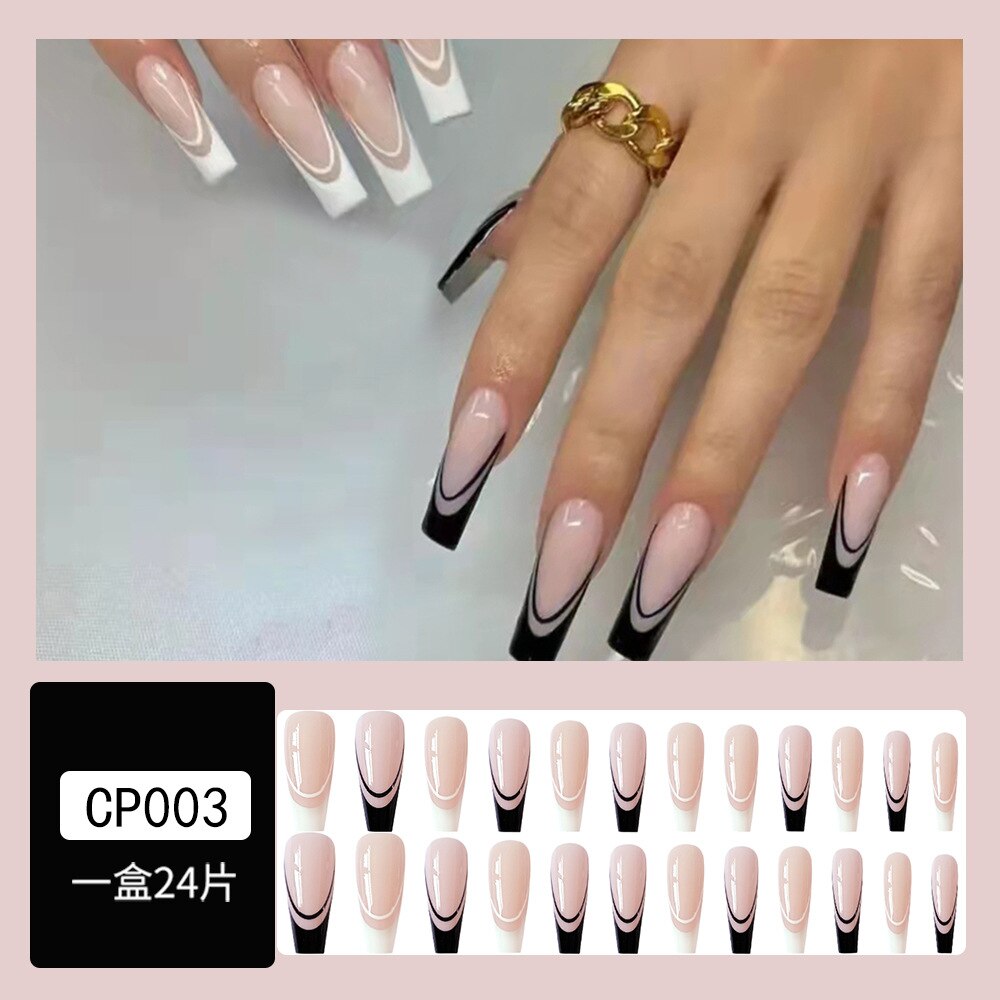 24Pcs Long Coffin False Nails Gold Glitter Sequins Designs Press On Full Cover Fake Nails Tips Wearable Manicure Art Accessories