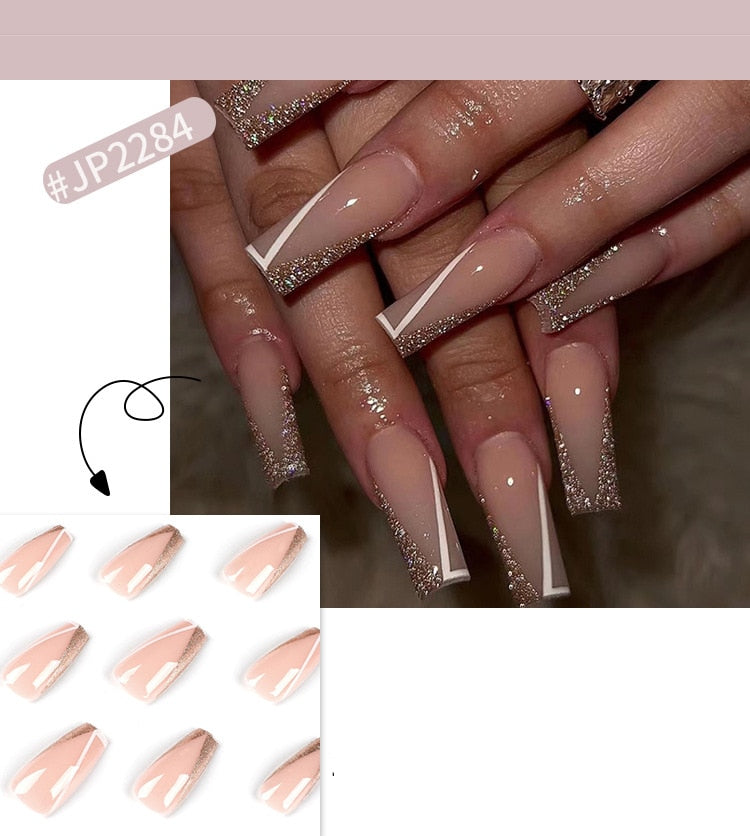 24Pcs Long Coffin False Nails Gold Glitter Sequins Designs Press On Full Cover Fake Nails Tips Wearable Manicure Art Accessories