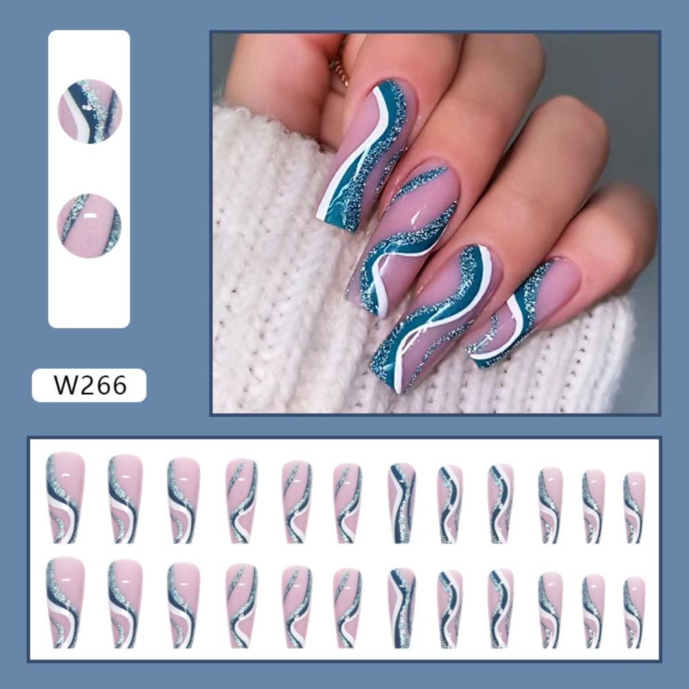 24Pcs Long Coffin False Nails Gold Glitter Sequins Designs Press On Full Cover Fake Nails Tips Wearable Manicure Art Accessories