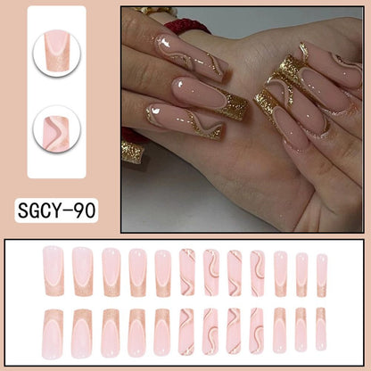 24Pcs Long Coffin False Nails Gold Glitter Sequins Designs Press On Full Cover Fake Nails Tips Wearable Manicure Art Accessories