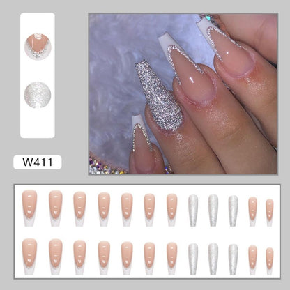 24Pcs Long Coffin False Nails Gold Glitter Sequins Designs Press On Full Cover Fake Nails Tips Wearable Manicure Art Accessories