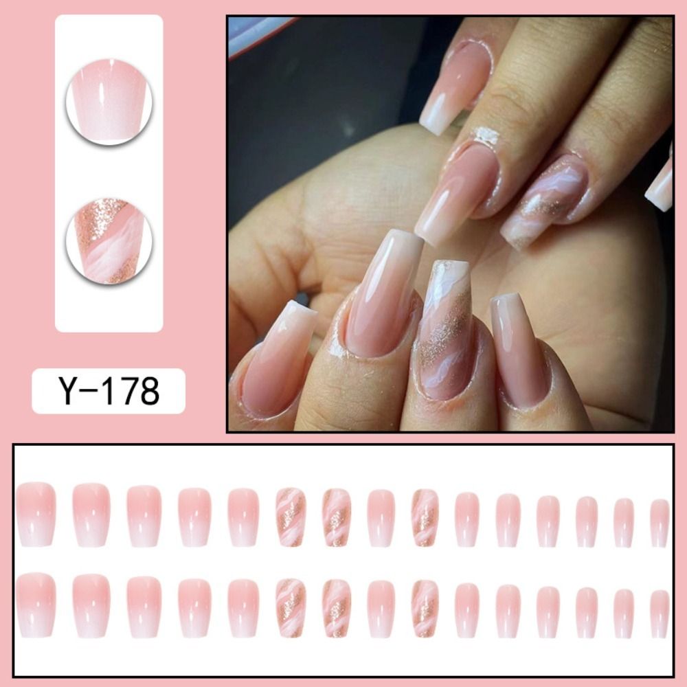 24Pcs Long Coffin False Nails Gold Glitter Sequins Designs Press On Full Cover Fake Nails Tips Wearable Manicure Art Accessories