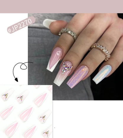 24Pcs Long Coffin False Nails Gold Glitter Sequins Designs Press On Full Cover Fake Nails Tips Wearable Manicure Art Accessories