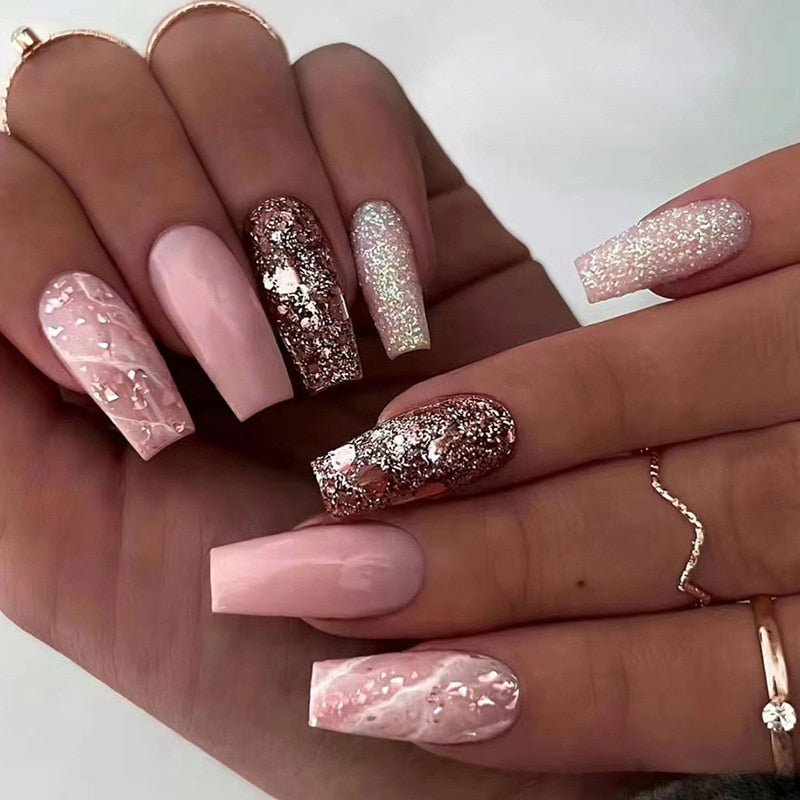 24Pcs Long Coffin False Nails Gold Glitter Sequins Designs Press On Full Cover Fake Nails Tips Wearable Manicure Art Accessories