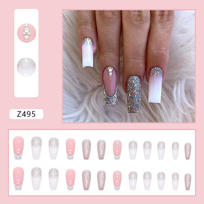 24Pcs Long Coffin False Nails Gold Glitter Sequins Designs Press On Full Cover Fake Nails Tips Wearable Manicure Art Accessories