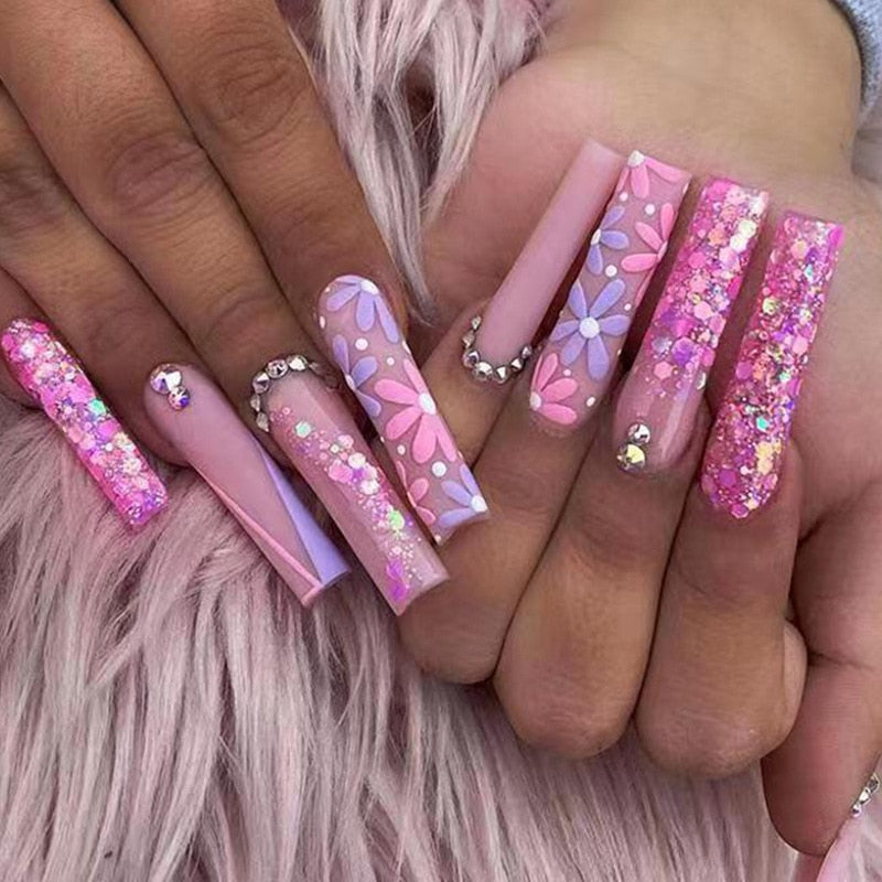 24Pcs Long Coffin False Nails Gold Glitter Sequins Designs Press On Full Cover Fake Nails Tips Wearable Manicure Art Accessories