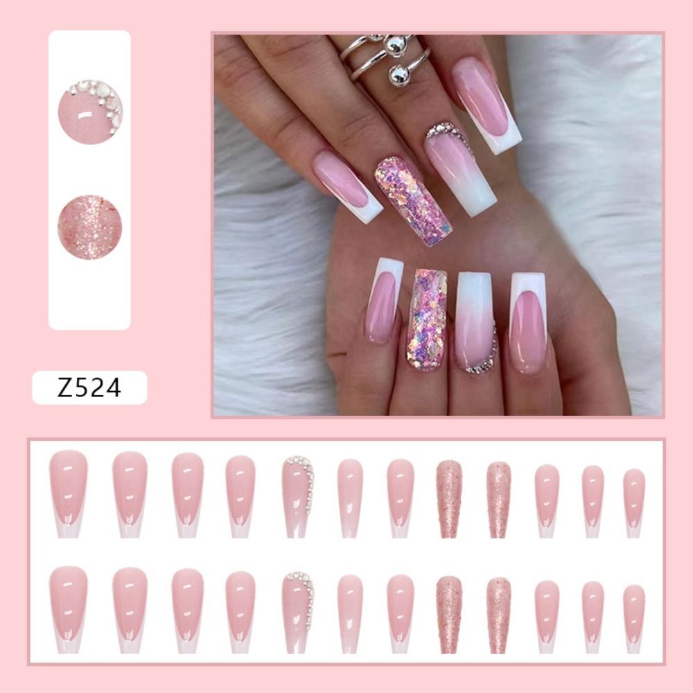 24Pcs Long Coffin False Nails Gold Glitter Sequins Designs Press On Full Cover Fake Nails Tips Wearable Manicure Art Accessories