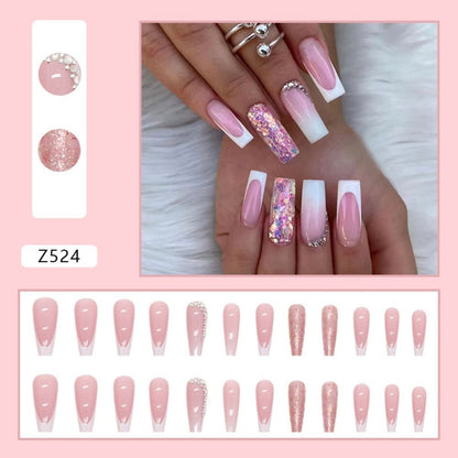 24Pcs Long Coffin False Nails Gold Glitter Sequins Designs Press On Full Cover Fake Nails Tips Wearable Manicure Art Accessories