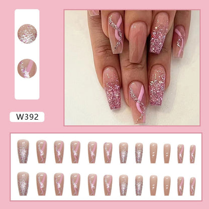 24Pcs Long Coffin False Nails Gold Glitter Sequins Designs Press On Full Cover Fake Nails Tips Wearable Manicure Art Accessories