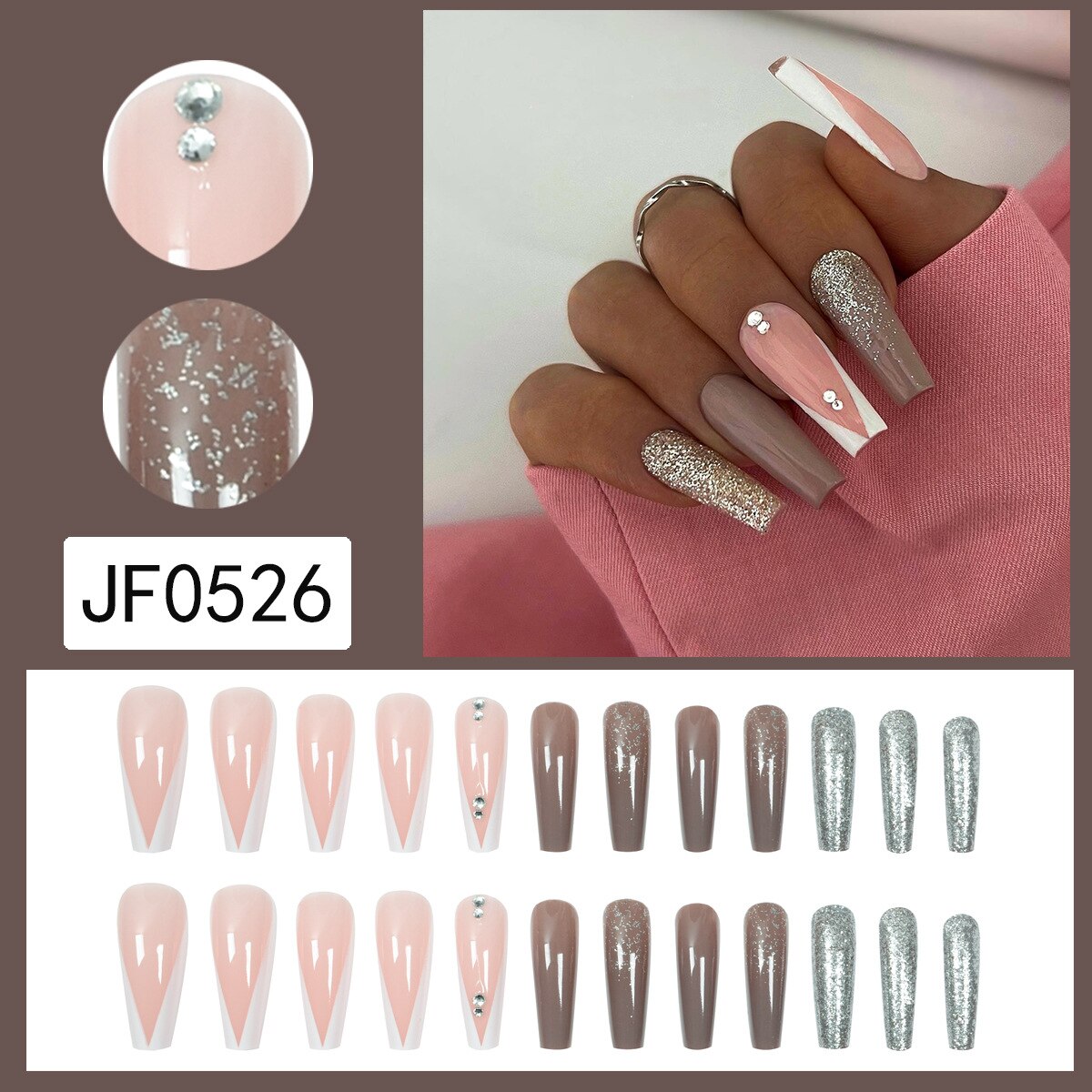 24Pcs Long Coffin False Nails Gold Glitter Sequins Designs Press On Full Cover Fake Nails Tips Wearable Manicure Art Accessories